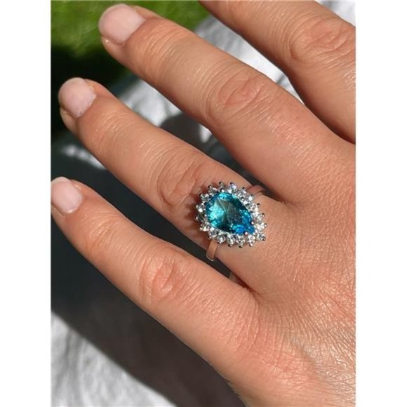 Solid 925 Sterling Silver Pear Shaped Blue Aquamarine CZ Cocktail Ring - Picture 4 of 7